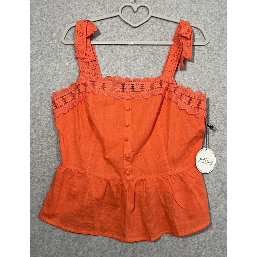 NWT Milk & Honey Coral Orange Lace Trim Peplum Tank Top Women's XL Boutique - Picture 1 of 11